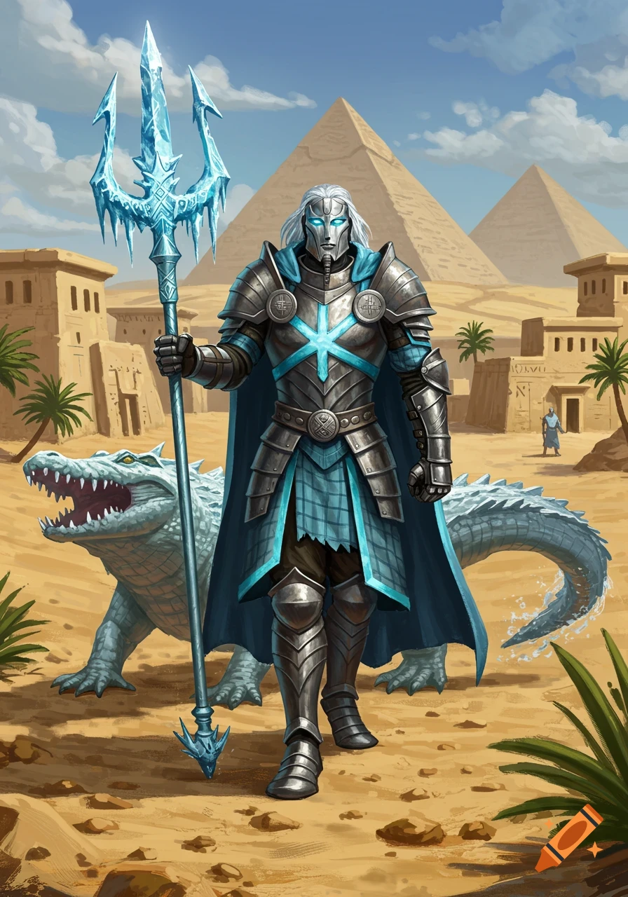 A knight in Egyptian-inspired armor with a glowing ice trident stands in a desert with pyramids, accompanied by a large crocodile spirit.