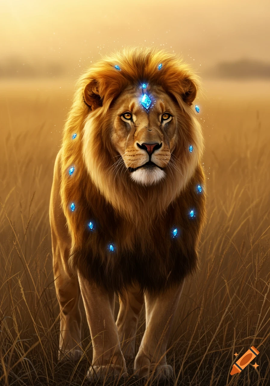 A photorealistic majestic lion stands in a golden field, adorned with glowing blue crystals on its mane and body.