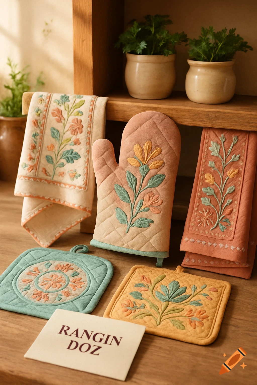 Embroidered kitchen accessories including an oven mitt, dish towels, and pot holders with floral designs on a wooden surface.