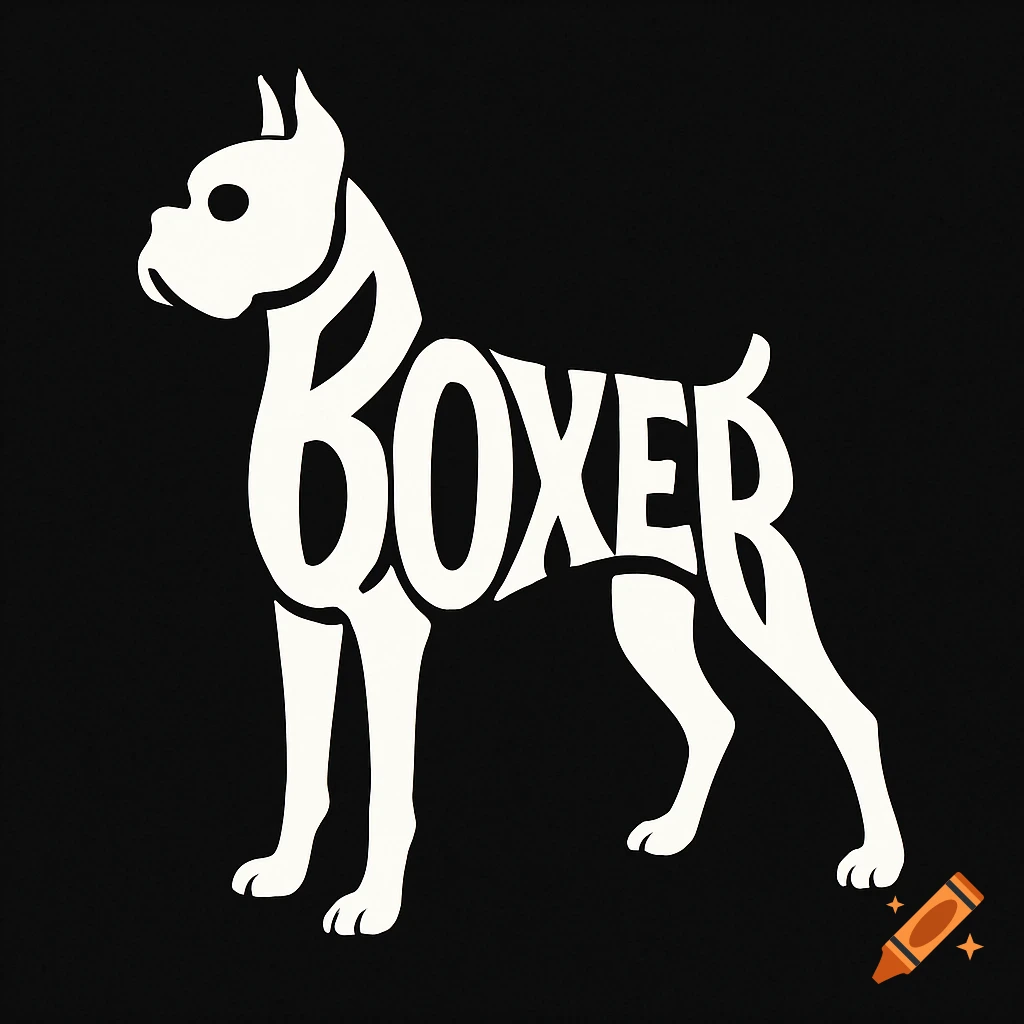 A white silhouette of a Boxer dog formed by the word 'BOXER' against a black background.