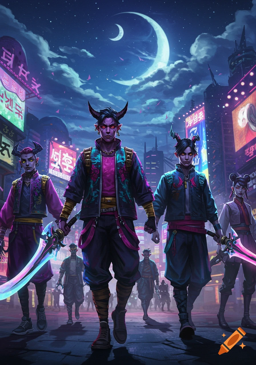 A group of horned Kpop-style fantasy characters with glowing swords walk down a neon-lit cyberpunk city street at night.