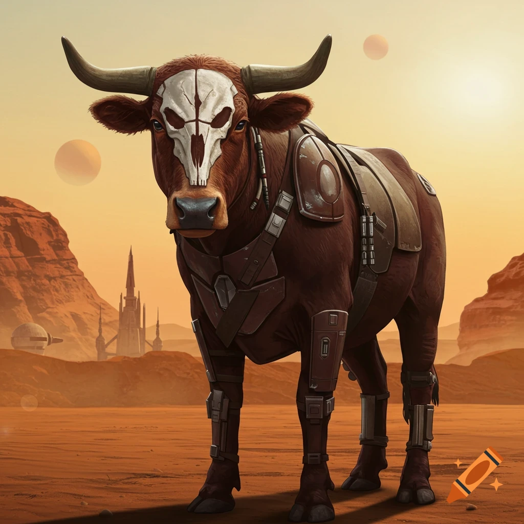 A brown cow with a white skull mask and Mandalorian-style armor stands in a desert with futuristic buildings and planets.