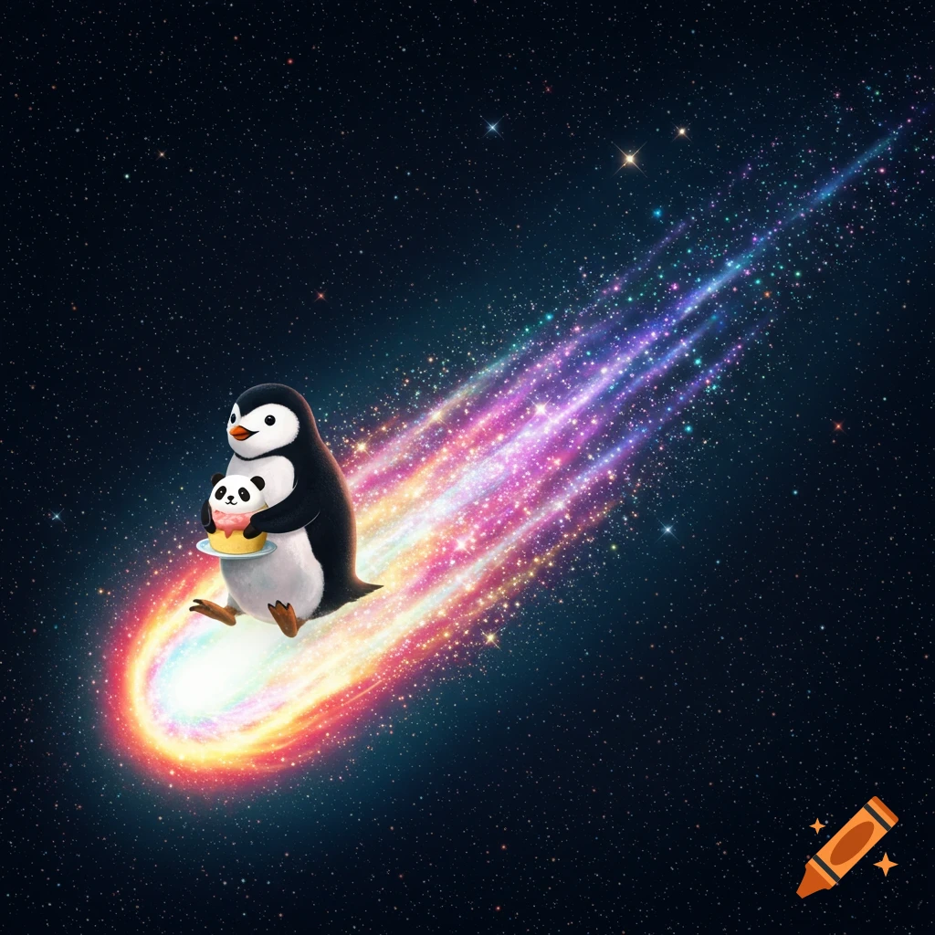 A cute cartoon penguin holding a baby panda, riding a vibrant, colorful shooting star through a dark, starry space.