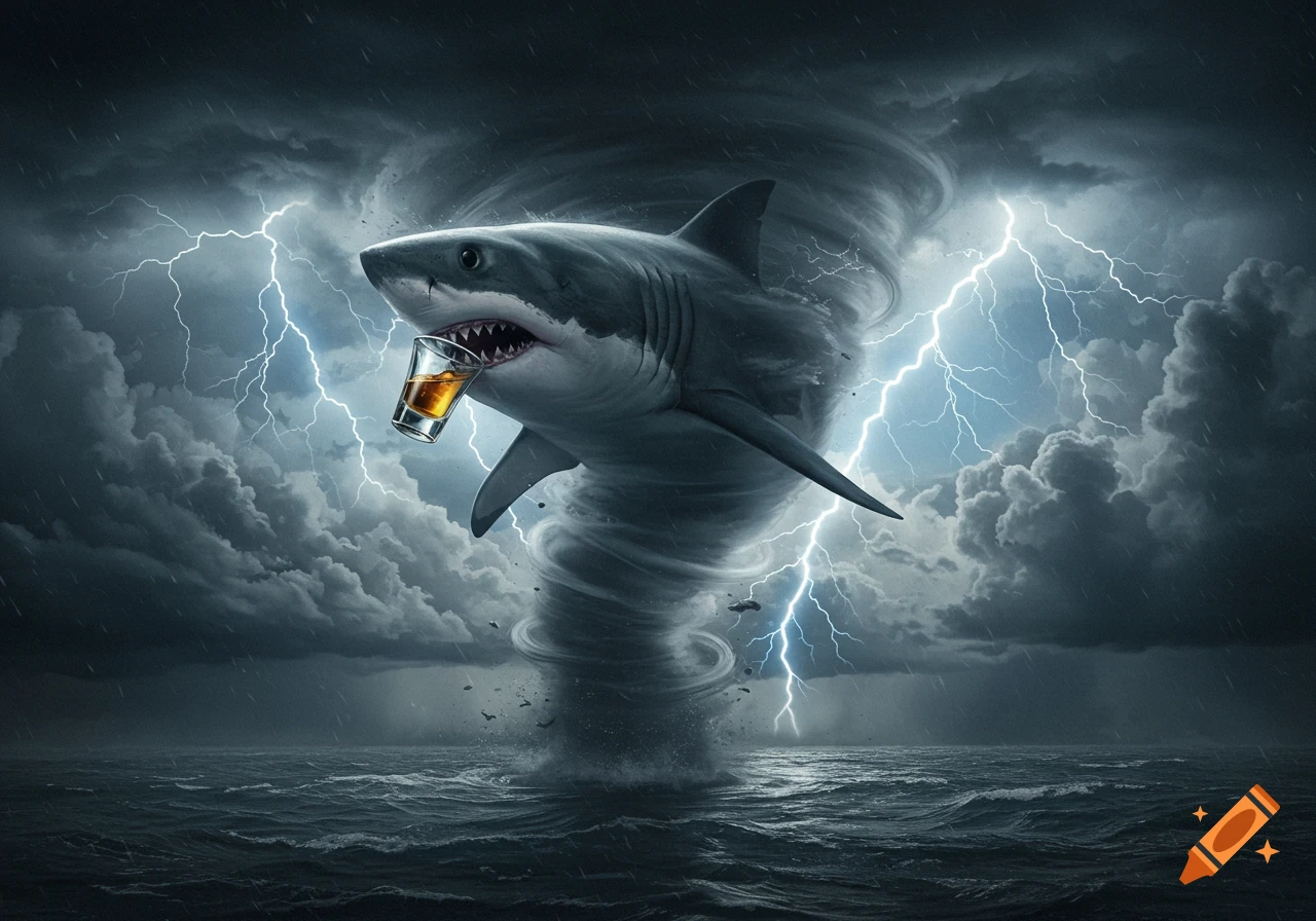 A photorealistic shark in a tornado over a stormy ocean, holding a glass with amber liquid, with lightning strikes.
