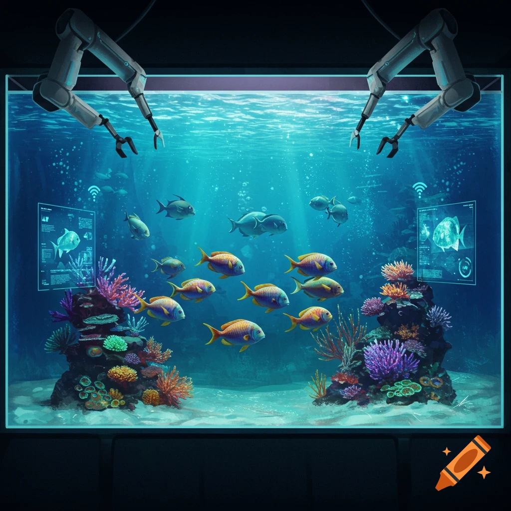 An aquarium scene with colorful fish, vibrant coral, robotic arms, and glowing digital data displays underwater.