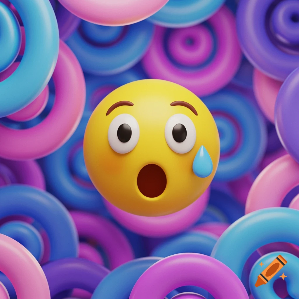 A 3D rendered surprised emoji with a single tear, surrounded by colorful pink, blue, and purple ring shapes.