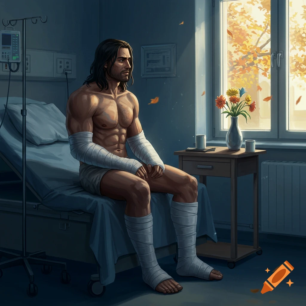 A muscular man with long dark hair and casts on his arms and legs sits on a hospital bed, looking out a window at autumn trees.
