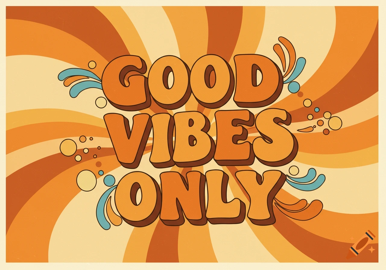 Retro-style poster with 'GOOD VIBES ONLY' in bold orange letters against a swirling orange and yellow background with blue accents.