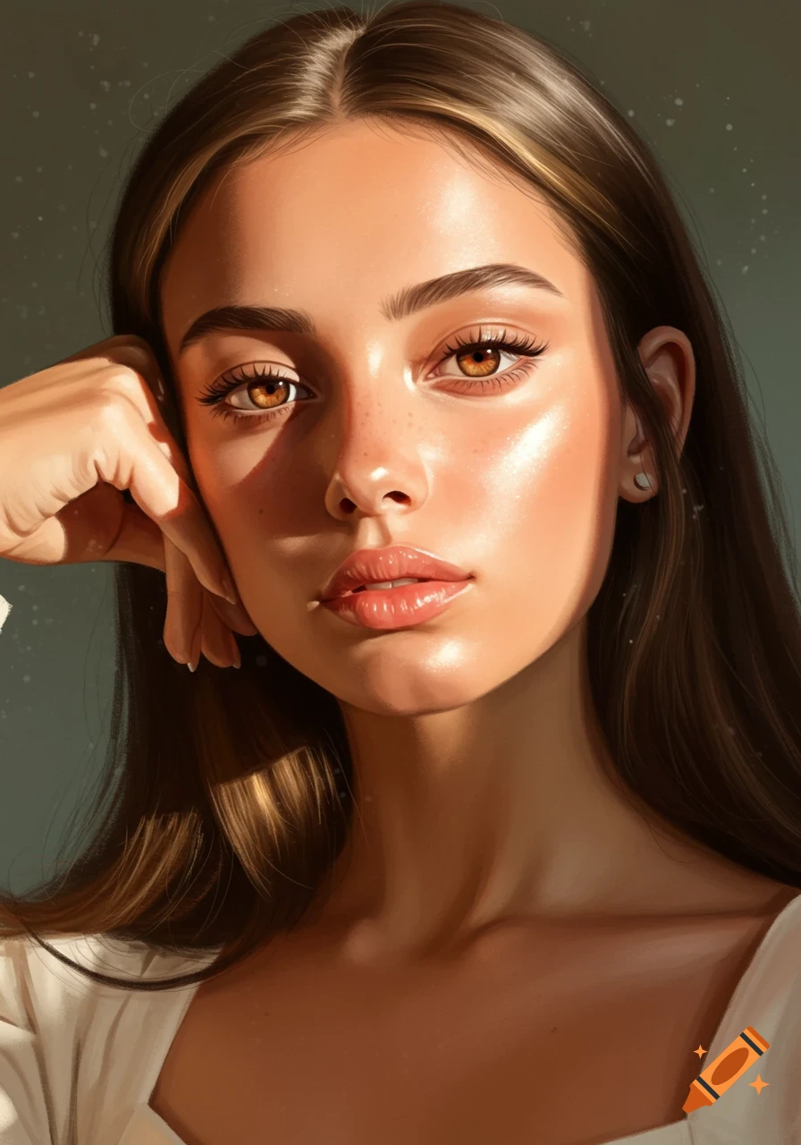 Close-up digital painting of a woman with warm light, freckles, long lashes, and glossy lips.