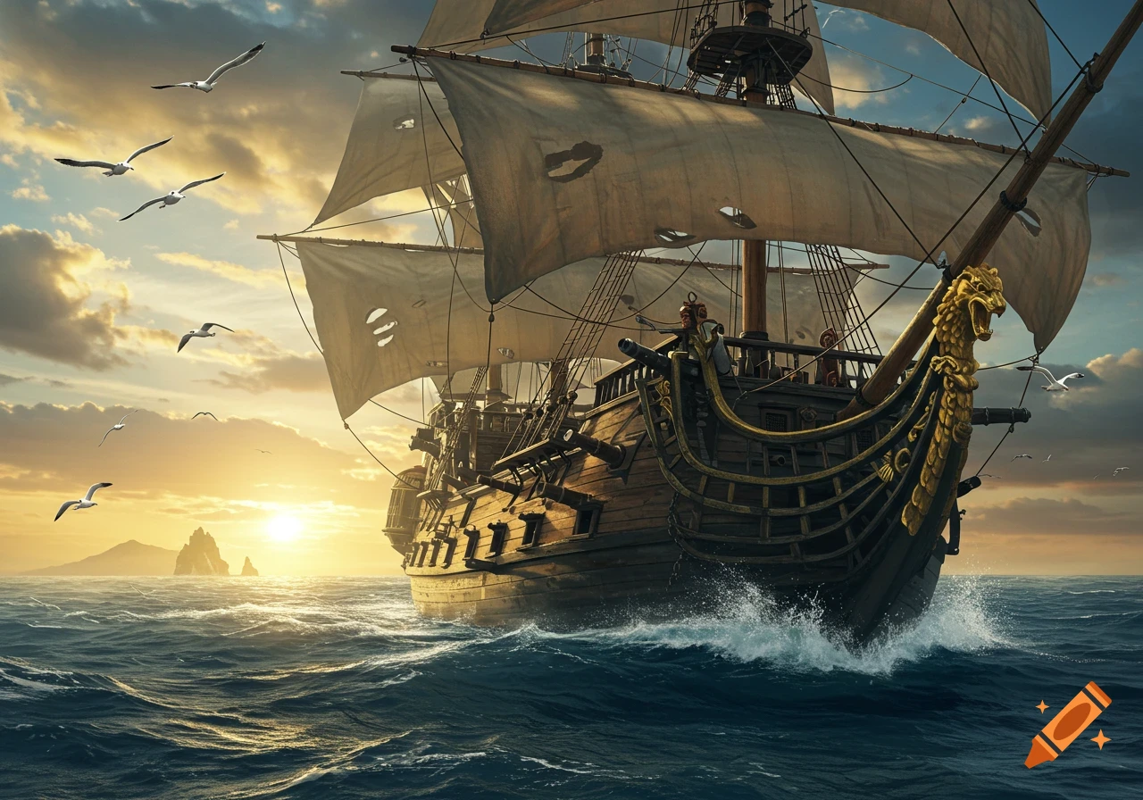 A photorealistic pirate ship with torn sails sails on a wavy ocean under a dramatic sunset sky with seagulls.