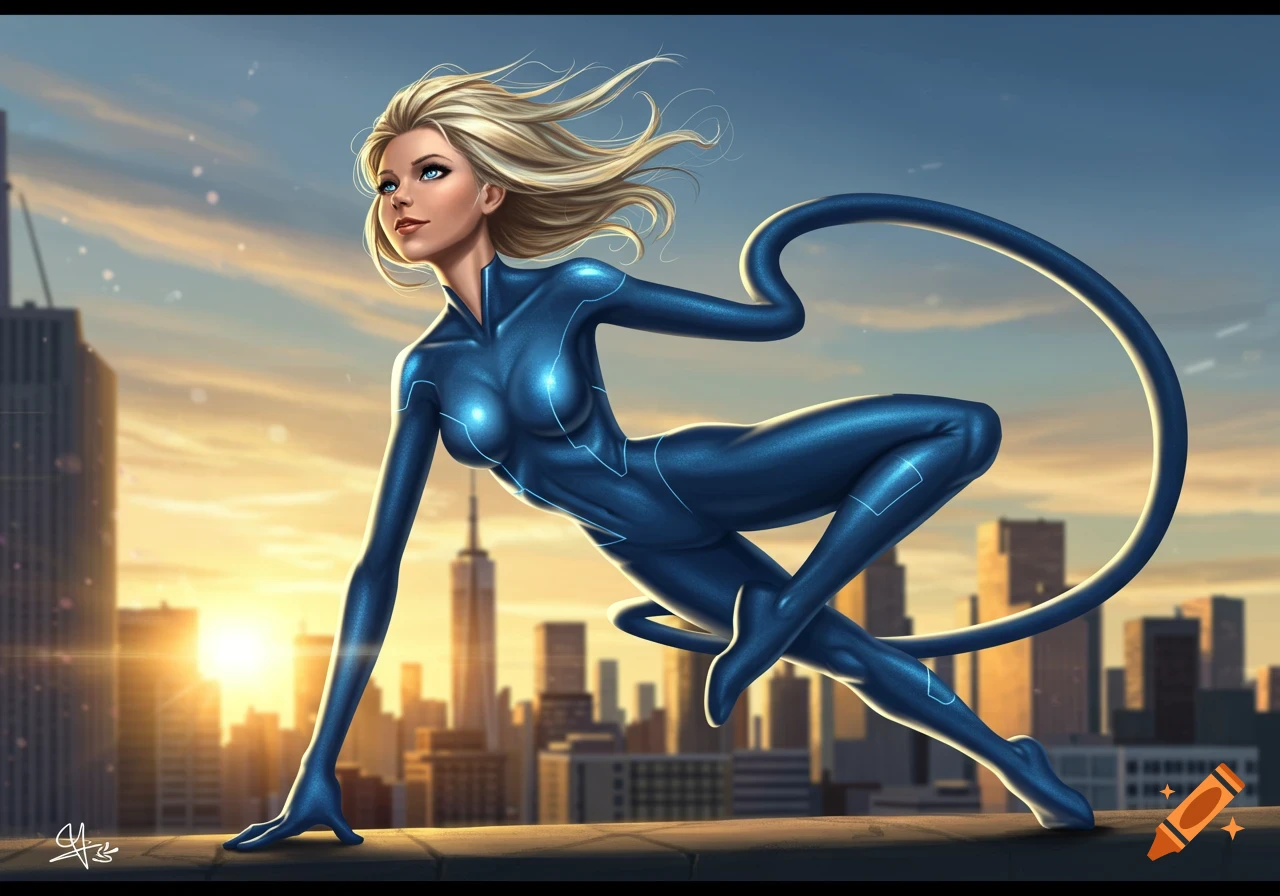 Blond female elastic superhero in a blue suit poses on a rooftop overlooking a city skyline at sunset in a comic art style.