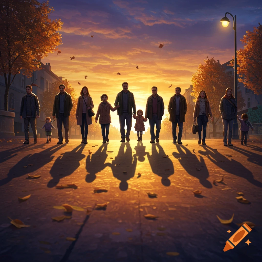 A diverse group of people walking together at sunset, their interlinked shadows stretching on the ground.
