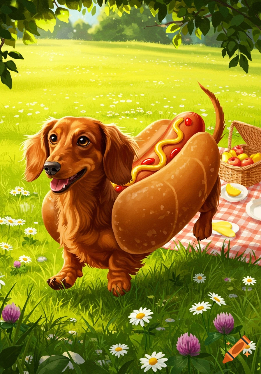 A cheerful dachshund (wiener dog) wearing a hot dog bun with mustard and ketchup, standing in a sunny green park with flowers and a picnic.