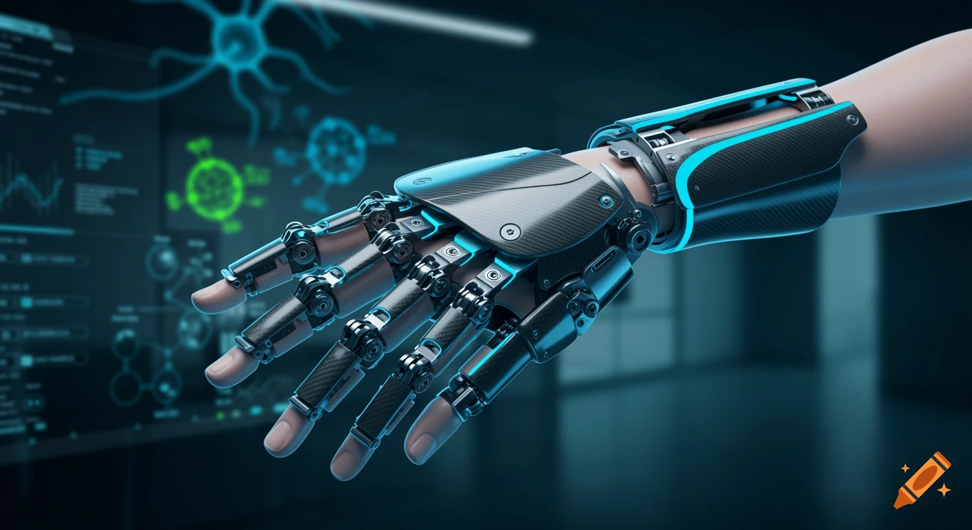 A photorealistic image of a futuristic robotic exoskeleton hand on a human arm with a glowing blue and green high-tech background.