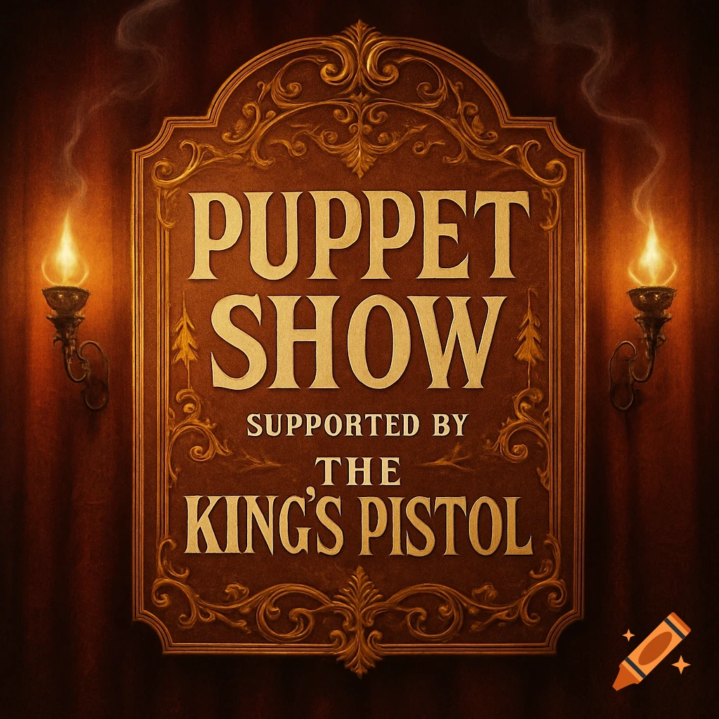 Ornate gold and brown sign for 'Puppet Show, supported by The King's Pistol', flanked by flaming sconces on red curtains.