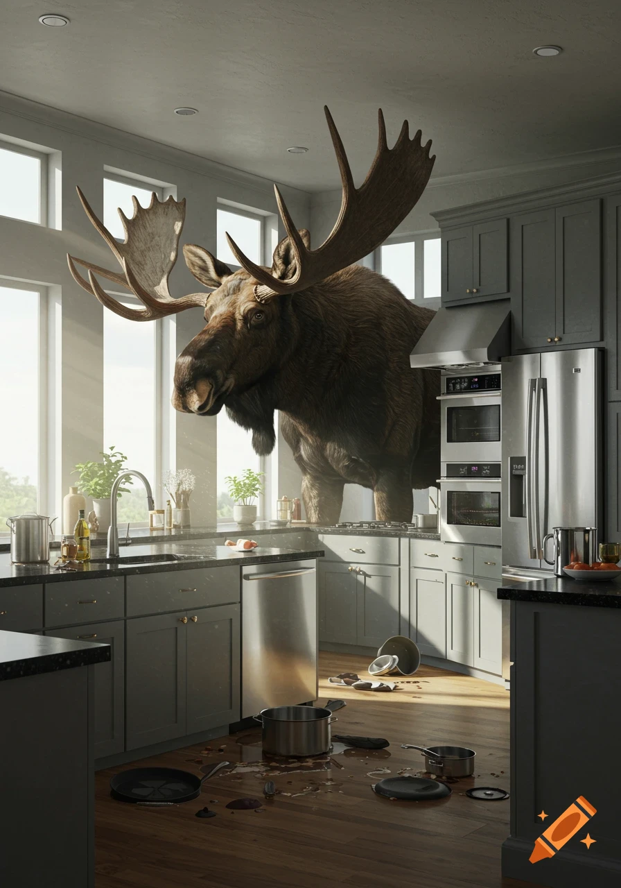 A giant photorealistic moose with massive antlers stands in a kitchen, knocking over pots and pans onto the wooden floor.