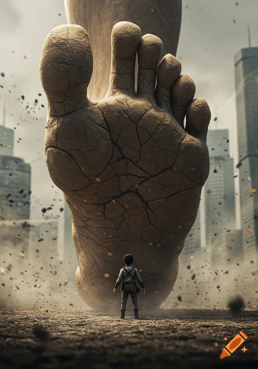 A photorealistic image of a massive, cracked foot descending toward a tiny person on a debris-covered ground with city buildings.