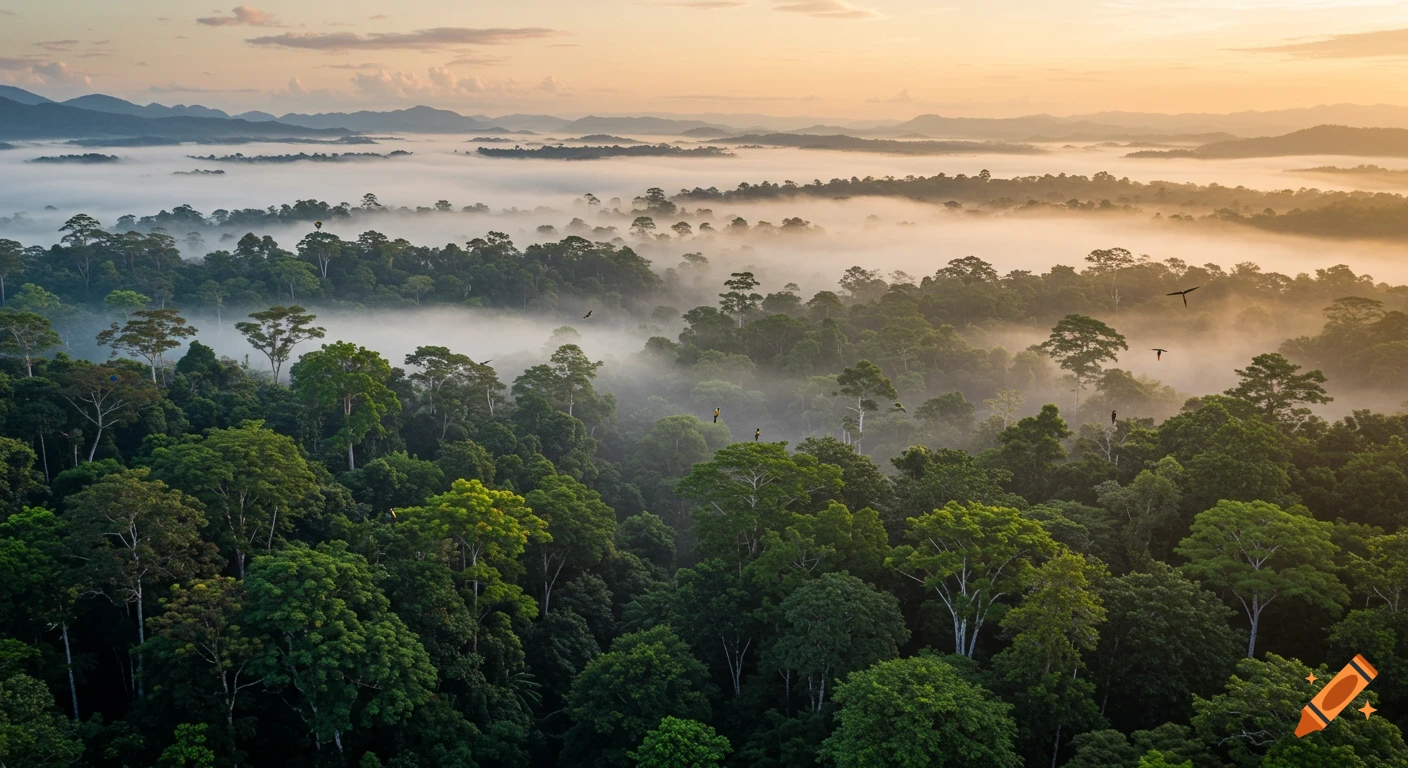 Aerial view of a misty rainforest at sunrise with tropical birds flying.