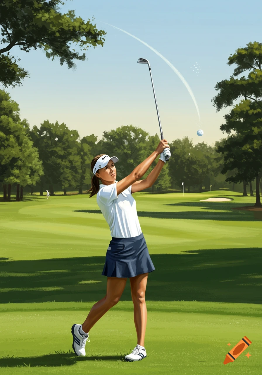 An illustrative image of a woman golfer in a white shirt and navy skirt, mid-swing, hitting a golf ball on a green course with trees under a blue sky.