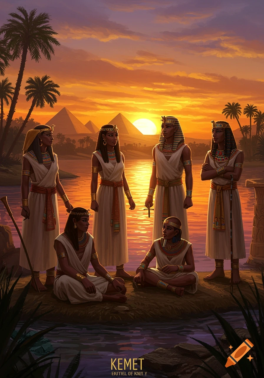 Illustrative scene of people in ancient Egyptian attire by a river at sunset, with pyramids and palm trees.