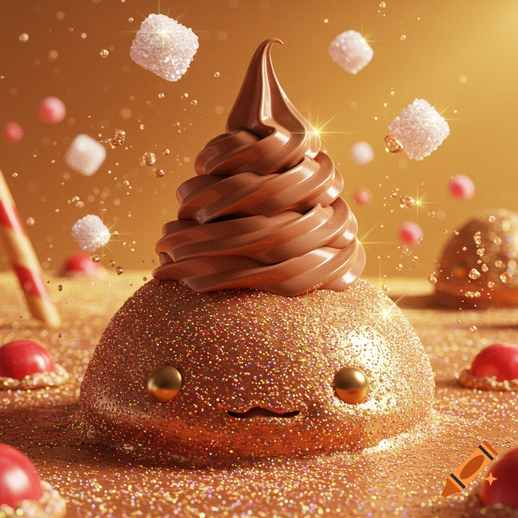 A cute, glittery, gold-colored blob with a chocolate ice cream swirl on top, surrounded by floating sugar cubes and candy on a golden background.
