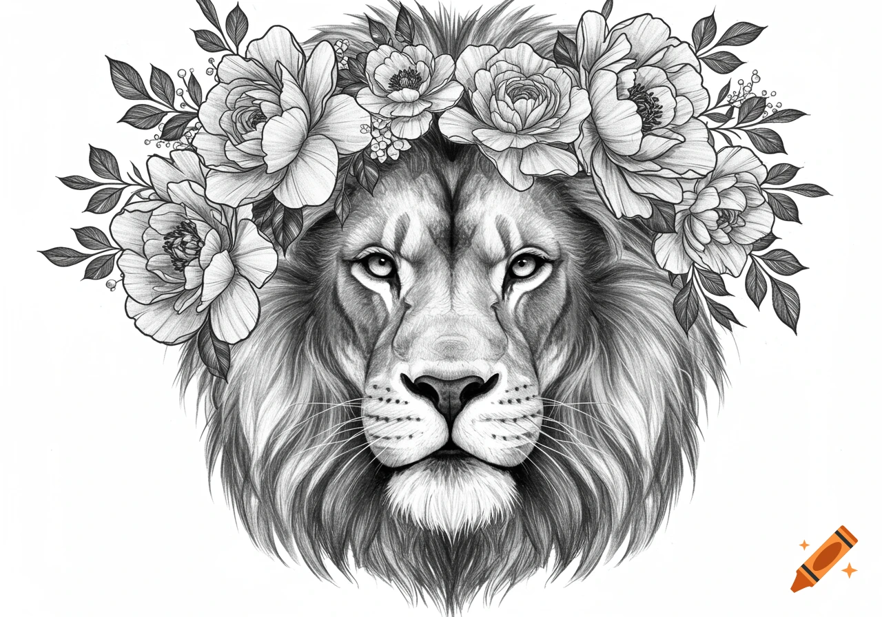 A detailed black and white pencil drawing of a lion's head wearing a crown of large, realistic flowers.