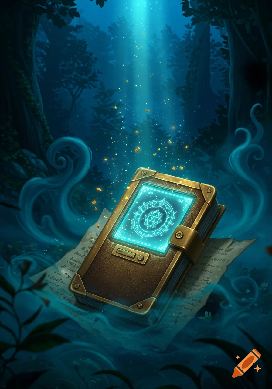 A glowing magical book with a blue symbol on its screen, resting on ancient papers in a mystical forest with blue light and particles.