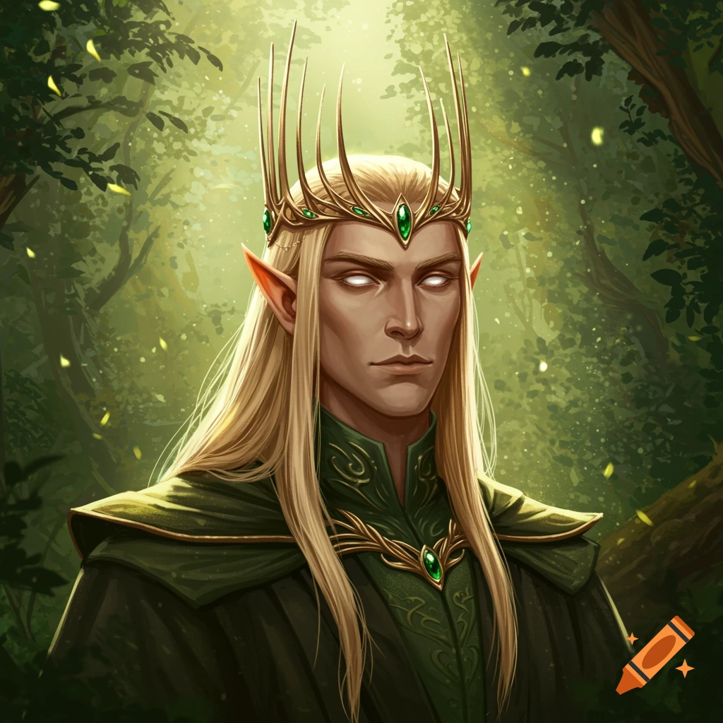 An elven king with a golden crown, long golden hair, and pale eyes stands in a lush green forest.