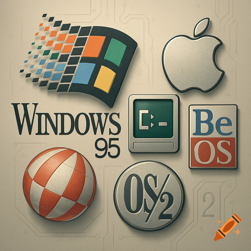 3D rendering of retro computer OS logos including Windows 95, Apple, BeOS, and OS/2 on a circuit board background.