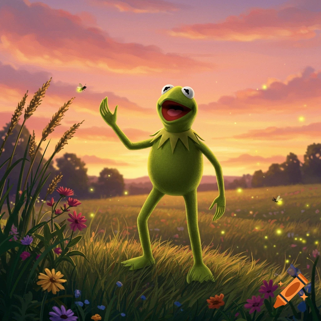 Kermit the Frog standing in a grassy field with flowers and fireflies at sunset, smiling with arm raised.