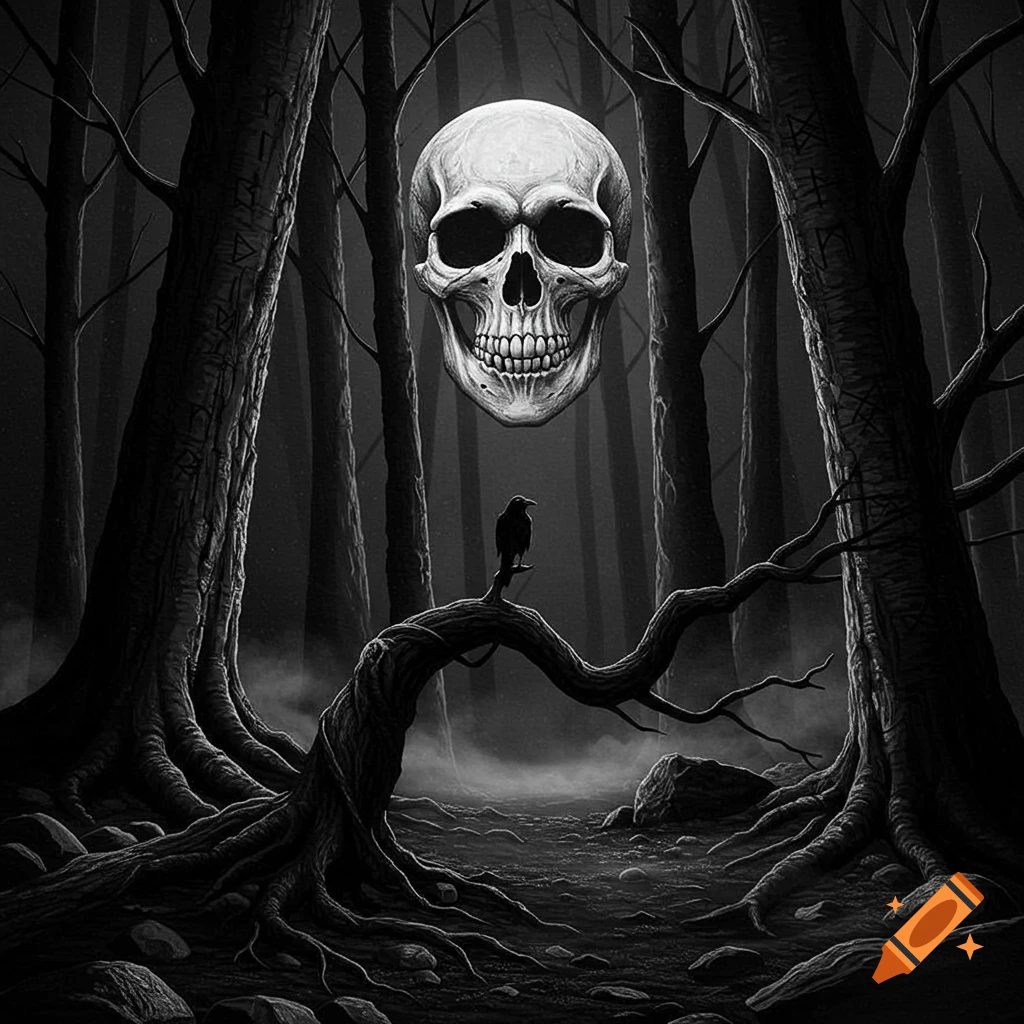 Monochrome gothic forest with a floating skull, a raven on a gnarled branch, and moonlight filtering through trees.