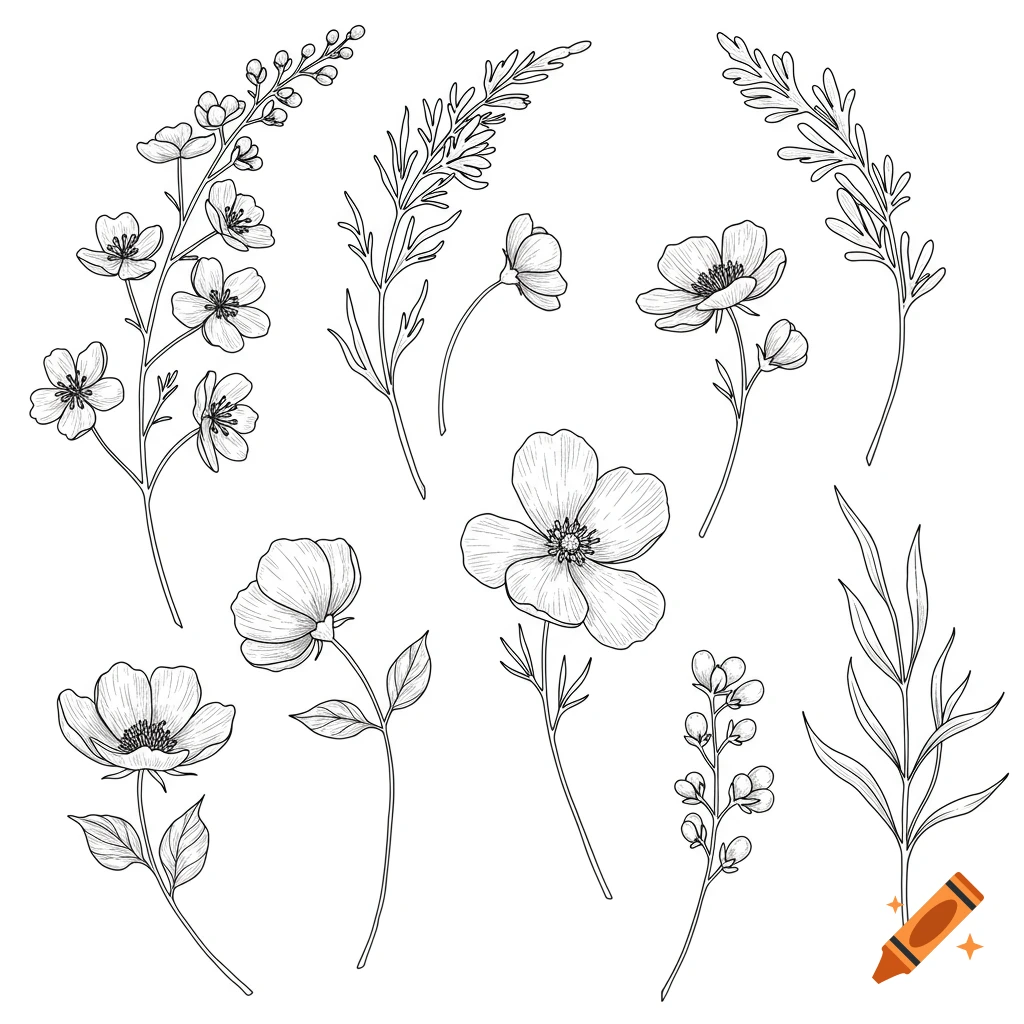 A collection of black and white line art illustrations of various wildflowers and foliage elements.
