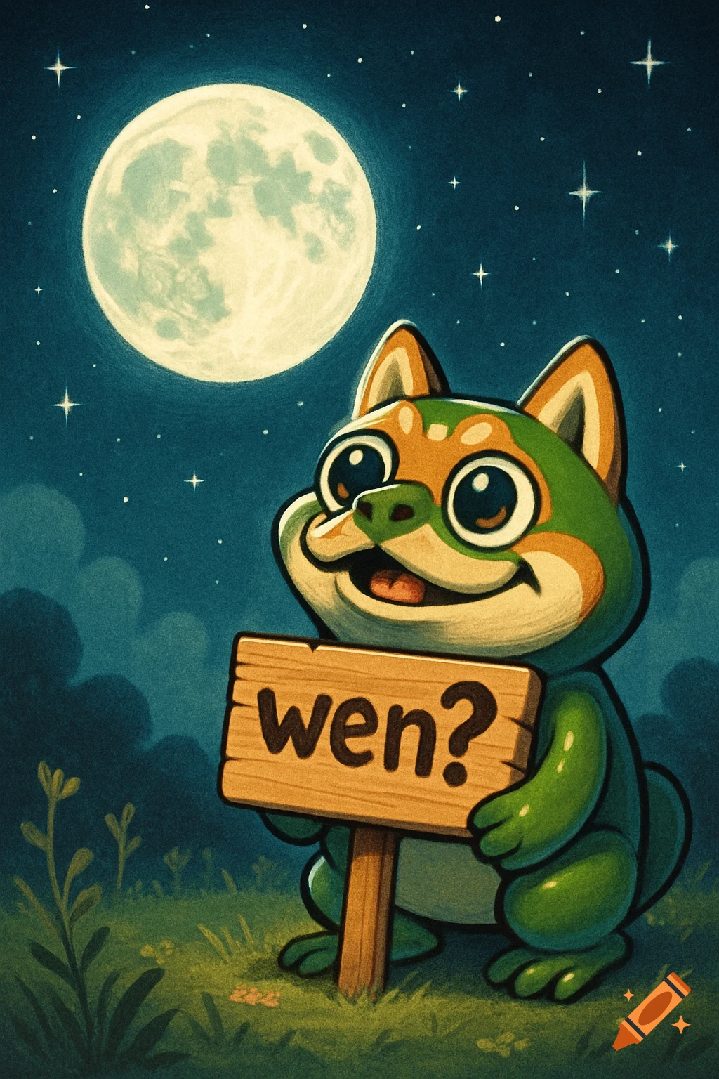 A cute green and orange cartoon frog-like character holding a 'wen?' sign under a large full moon and starry night sky.