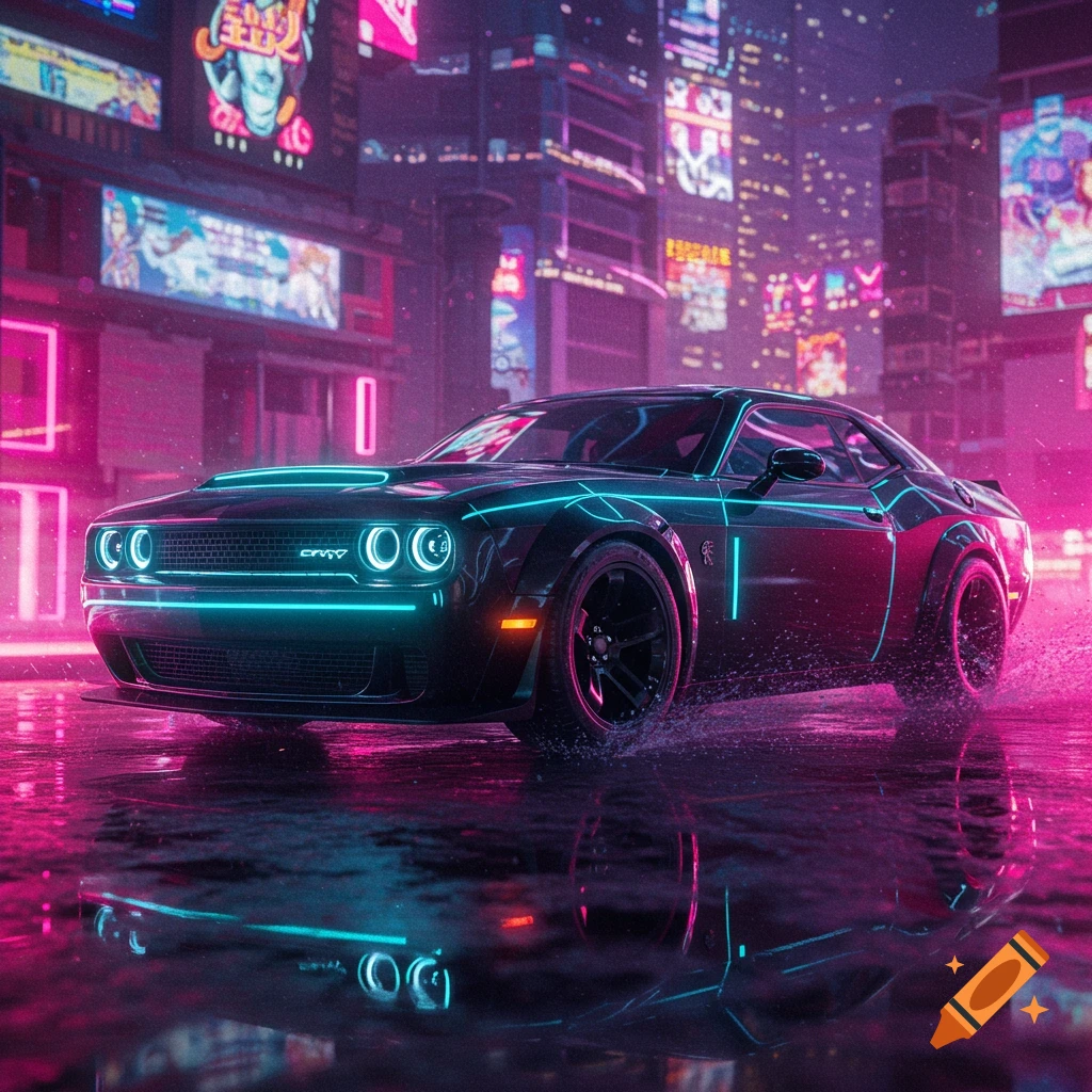 A black Dodge Challenger-like car with neon blue outlines drives on a wet cyberpunk city street, reflecting neon signs.