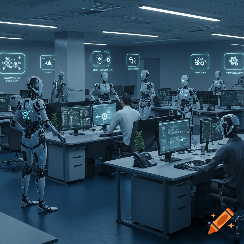 A futuristic office scene with human workers and humanoid robots at desks, all using computers, under glowing screens.