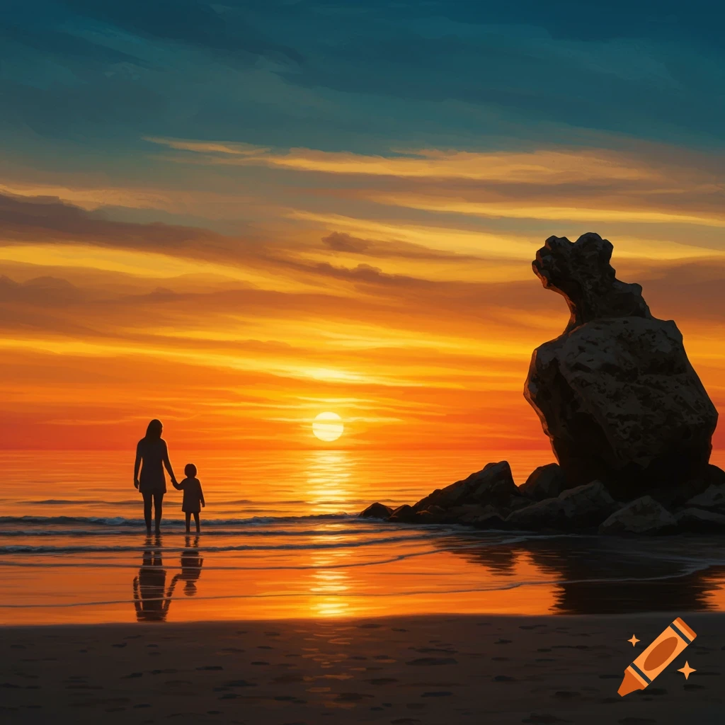 A mother and child stand silhouetted in shallow ocean water on a beach at sunset, with a large rock formation on the right and vibrant orange and blue skies.