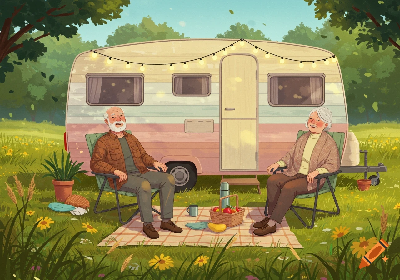 An elderly couple happily relaxing in camping chairs in front of a colorful camper trailer in a sunny, grassy field.