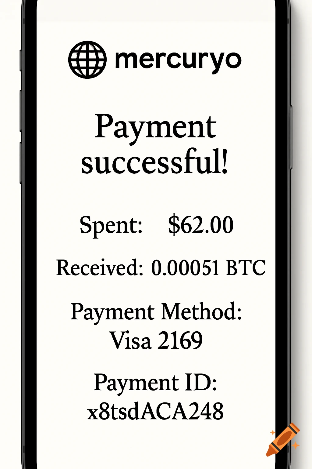 A photorealistic screenshot of a Mercuryo cryptocurrency payment receipt displayed on an iPhone screen.