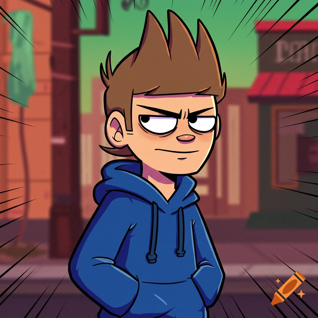 A cartoon character with spiky brown hair, wearing a blue hoodie, with a slightly displeased expression, standing in front of a blurry urban background.
