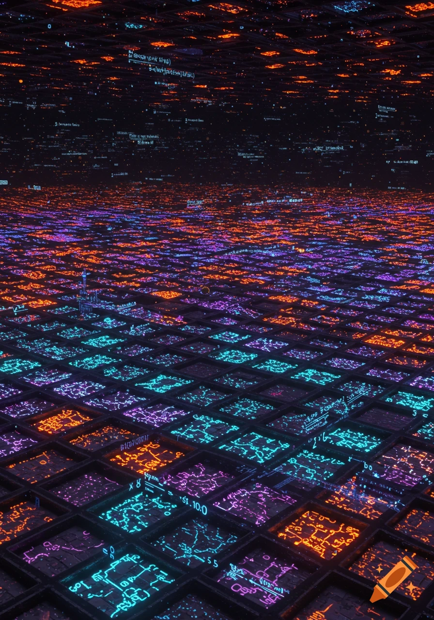 A vast dark digital landscape with a grid pattern of glowing neon circuits in orange, purple, and blue.