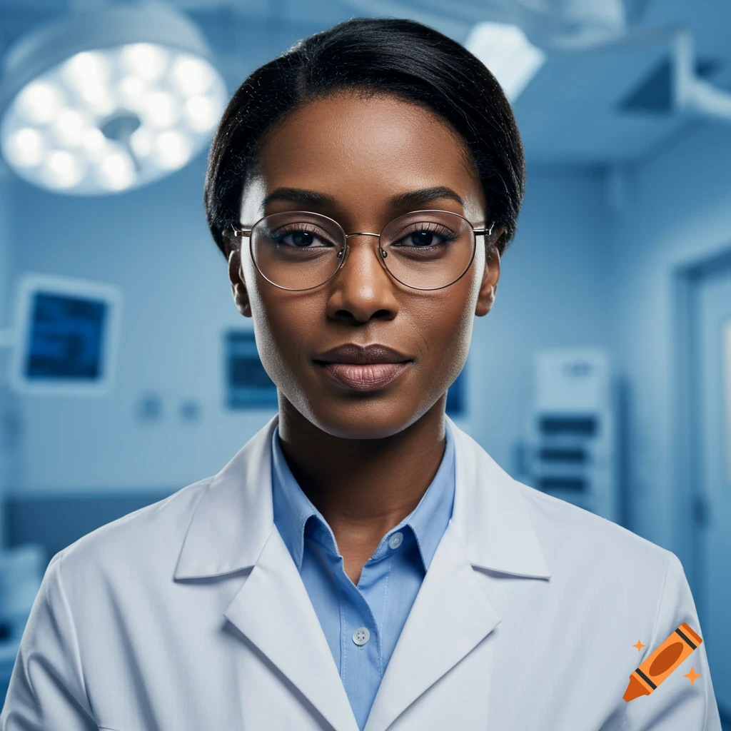 A close-up photorealistic portrait of a Black woman neurosurgeon wearing glasses and a lab coat in an operating room.