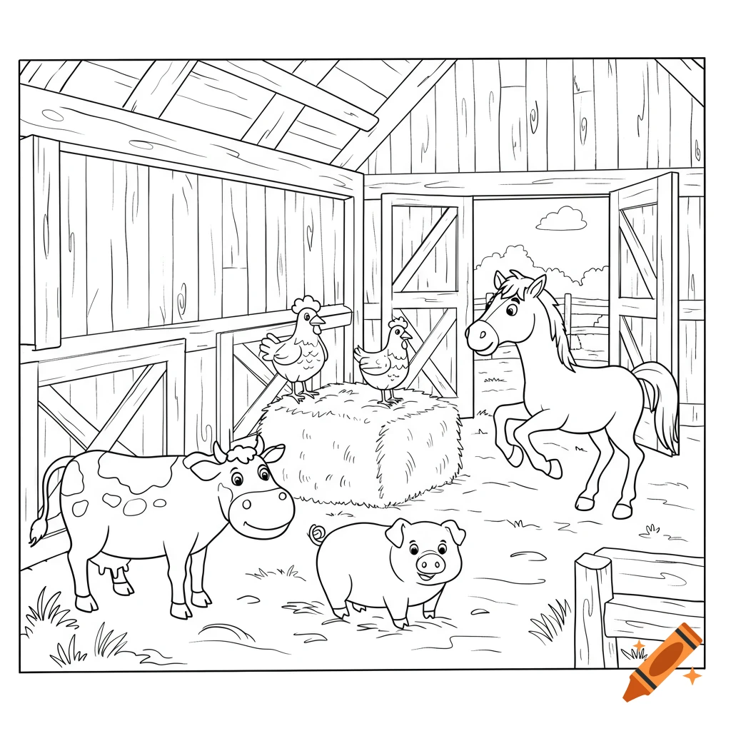 A black and white coloring page of a barn scene with a cow, pig, horse, and two chickens on a hay bale.