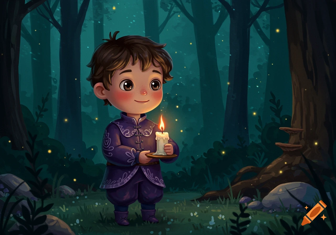 A cute illustrated boy in a purple outfit holds a lit candle in a dark, magical forest with glowing fireflies.