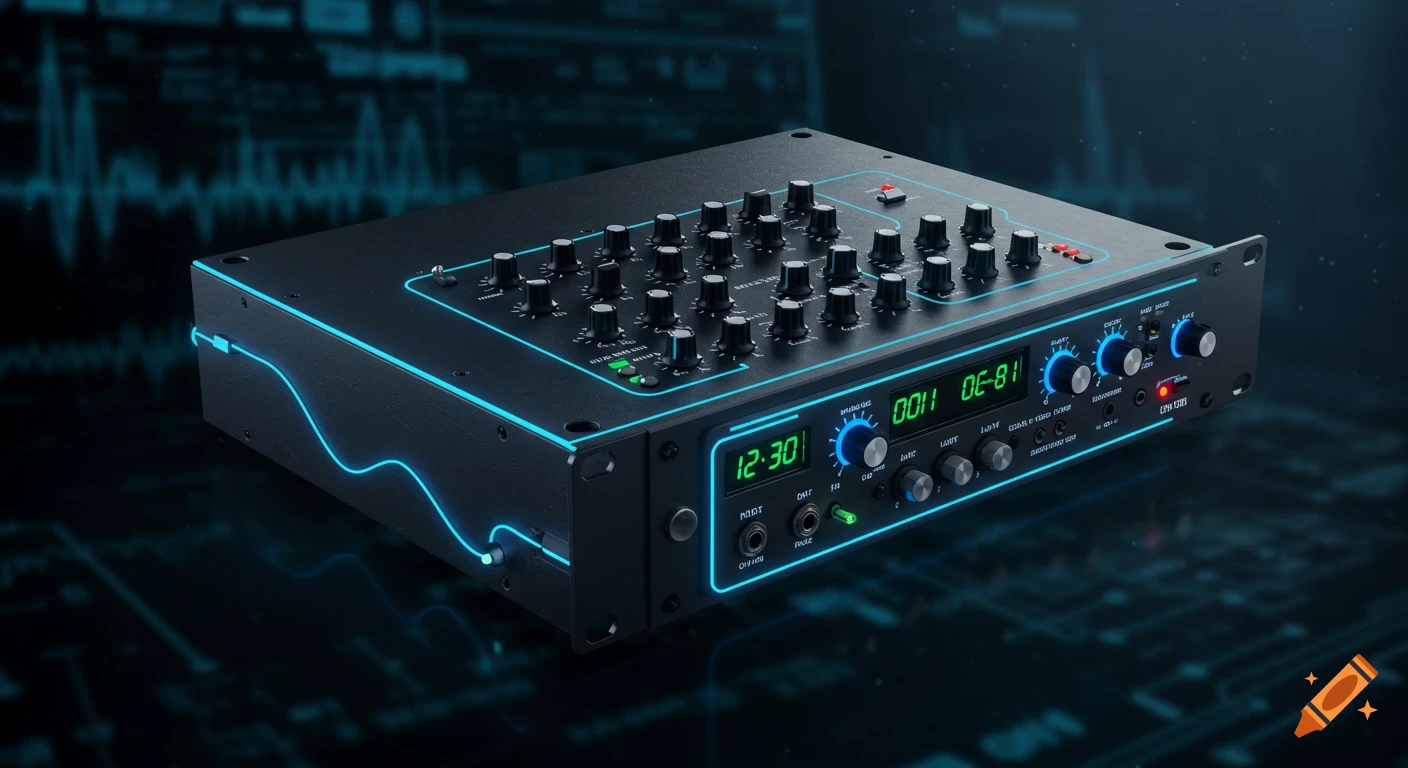 A black 2U studio rack unit with numerous knobs, buttons, and glowing blue accents, set against a dark, technical background.