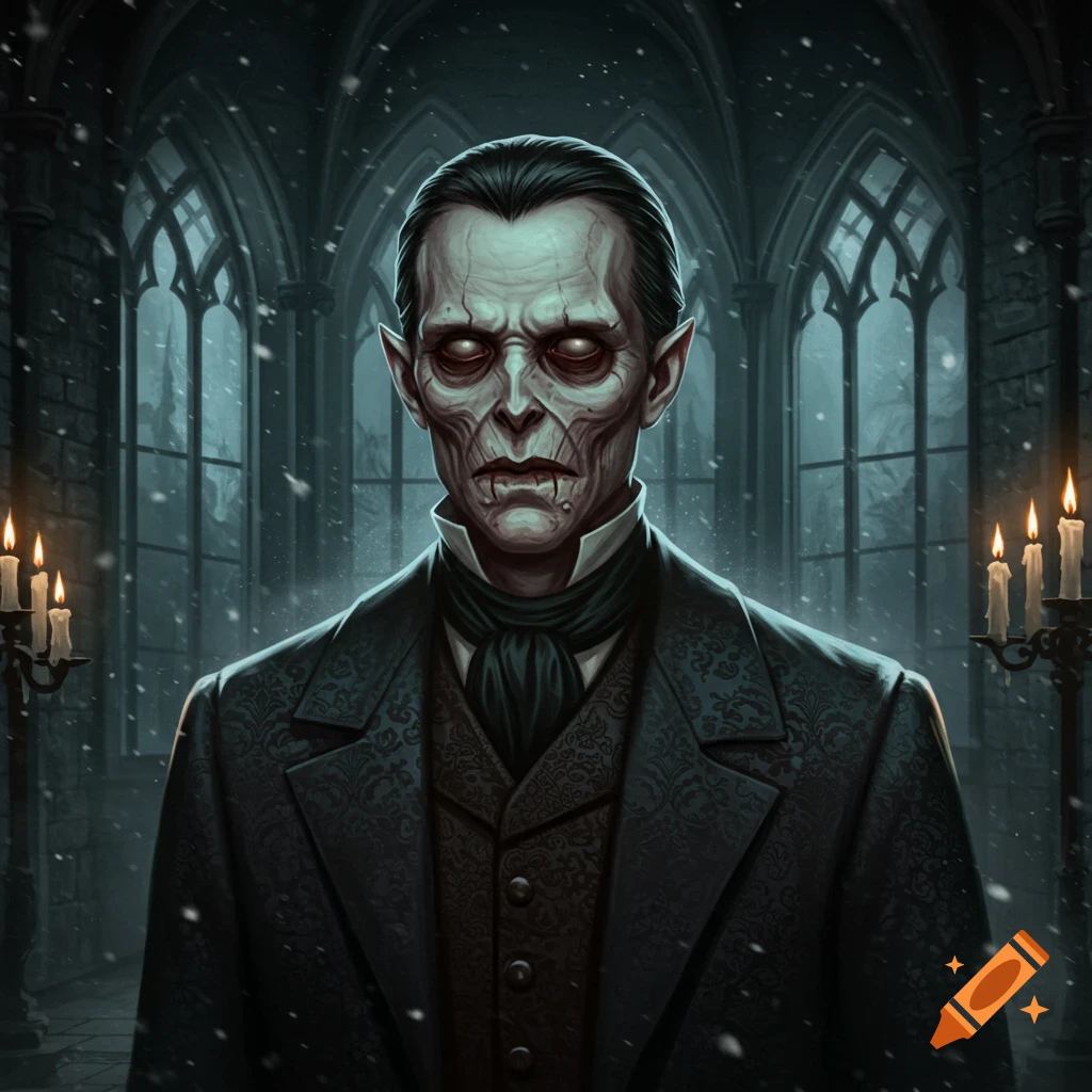 A gaunt, pale vampire with glowing eyes in a dark gothic castle, in a digital painting style.