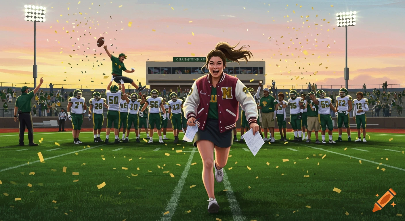An illustration of a high school reporter running onto a football field at sunset, celebrating a championship win with players and confetti.