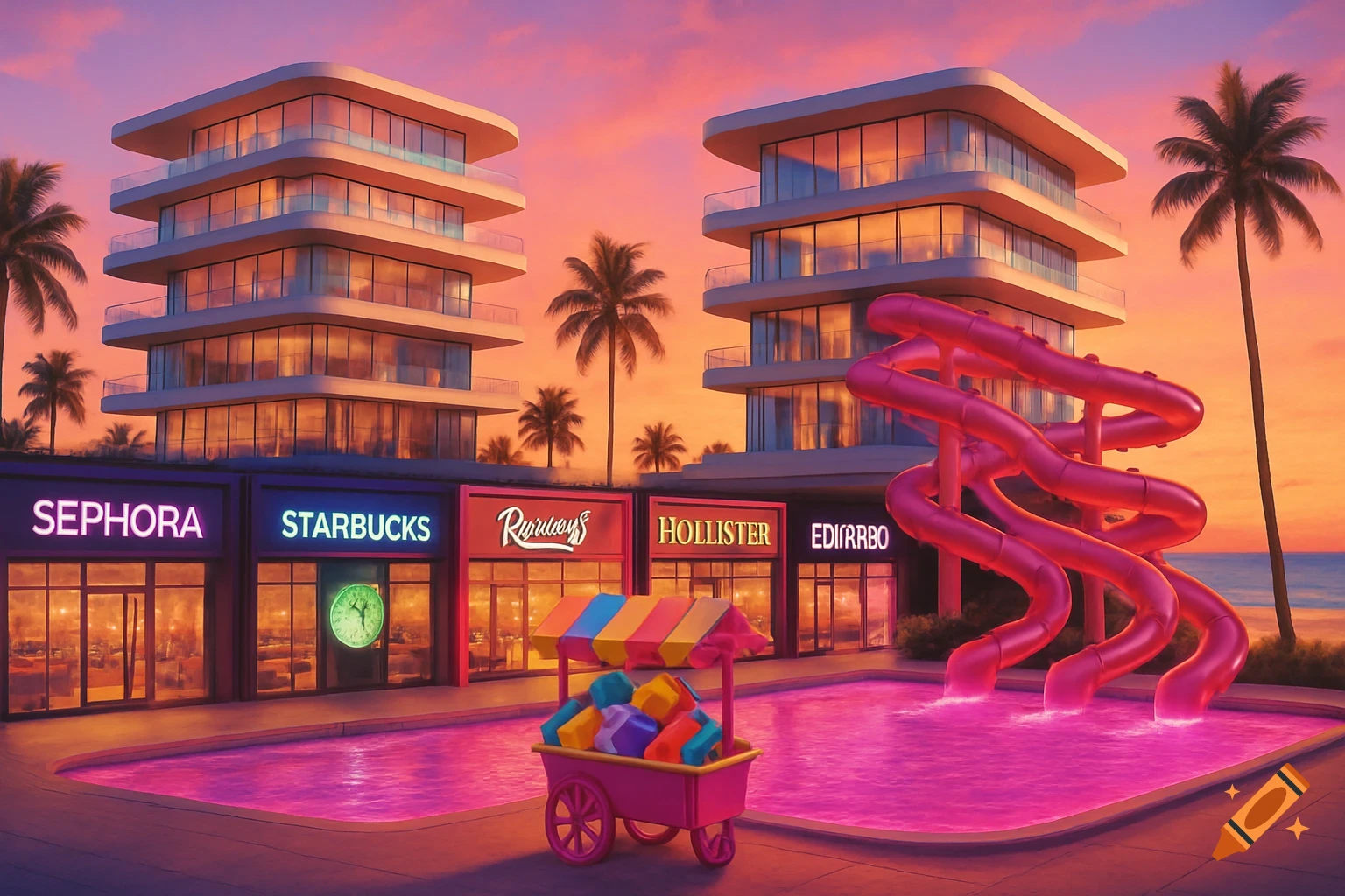A vibrant, dreamlike scene of modern buildings with storefronts and palm trees at sunset, featuring a pink pool with pink water slides and a colorful cart. The ocean is visible in the background.