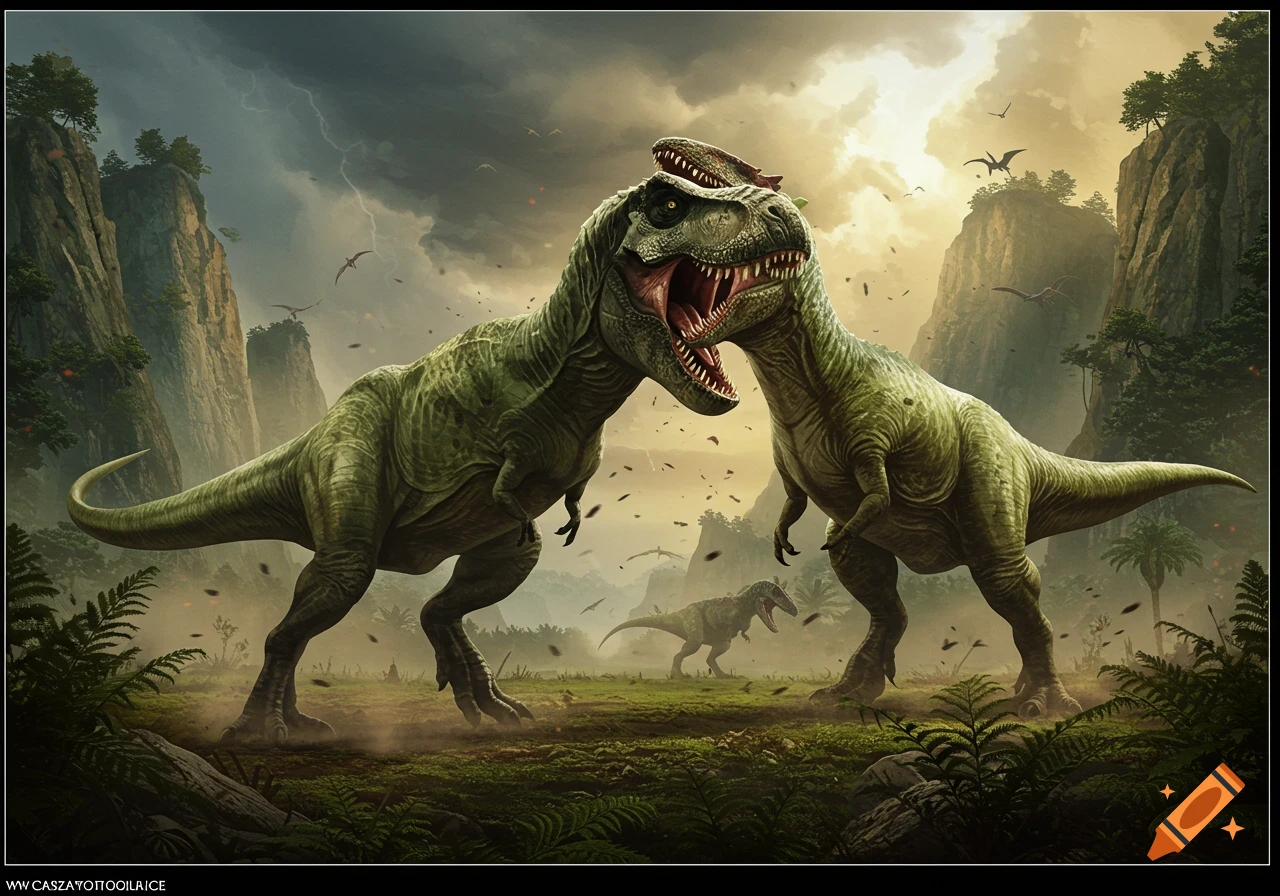 Two large green T-Rex dinosaurs fight in a stormy prehistoric jungle with cliffs and lightning.