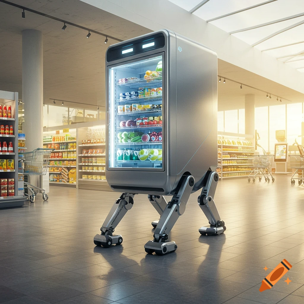 A futuristic silver walking freezer with a clear front displaying various food items, standing in the aisle of a sunlit supermarket.