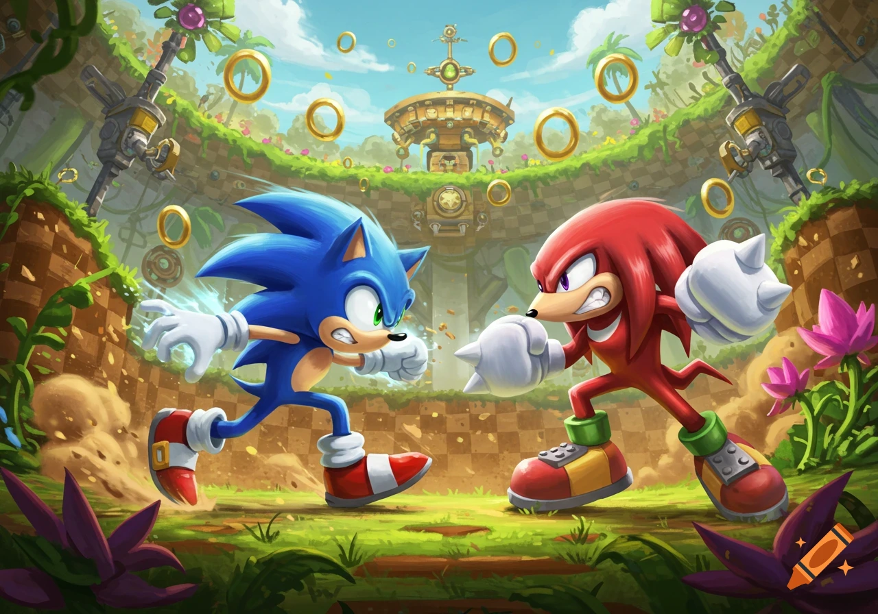 Sonic the Hedgehog and Knuckles the Echidna face off in a vibrant Green Hill Zone-like environment.